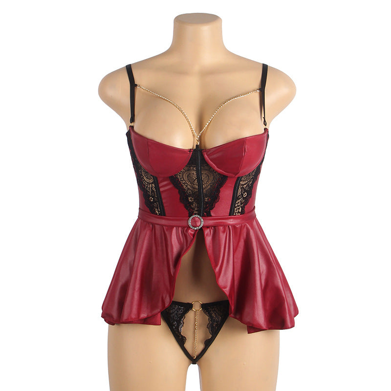 Loviss Sexy Tempting Crotchless Metal Chain Sexy One-Piece Underwear Set See-Through PU Skirt Thong Lingerie