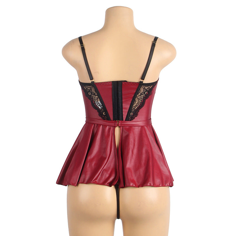 Loviss Sexy Tempting Crotchless Metal Chain Sexy One-Piece Underwear Set See-Through PU Skirt Thong Lingerie